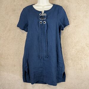 Coastal Minimalist Resort Linen Dress Womens 8 Navy Blue Lace-Up Boho Lagenlook